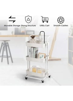 Golau 3-Tier Utility Cart Rolling Storage Shelf With Handles 2 Lockable Wheels White 86x42x30centimeter  - Image 5