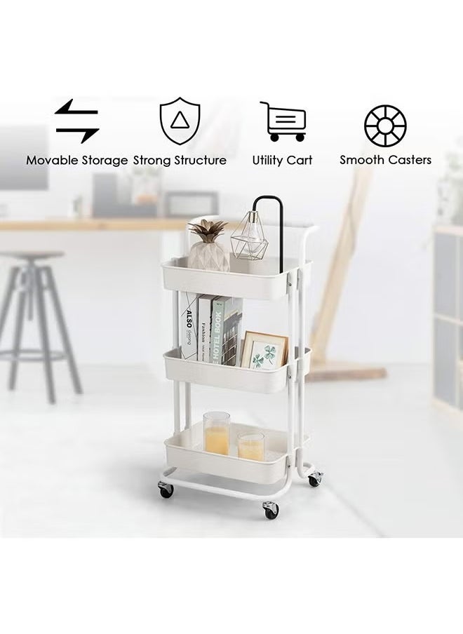 3-Tier Utility Cart Rolling Storage Shelf With Handles 2 Lockable Wheels White 86x42x30centimeter