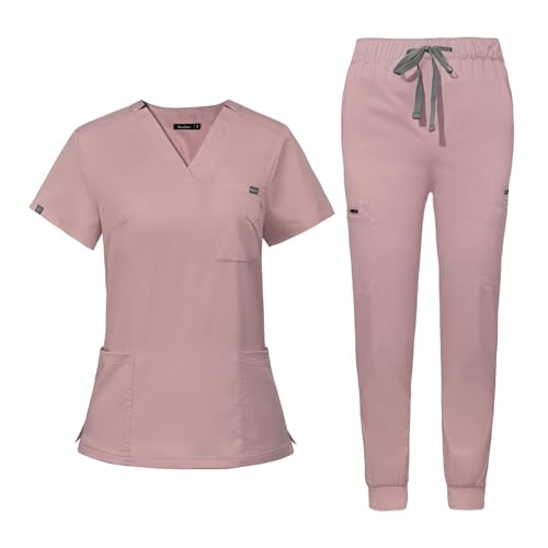 niaahinn Scrub for Women Scrubs Top with Classic V-Neck & Yoga Jogger Pants Medical Nursing Uniform Scrub Set (Pink, M) - Image 1