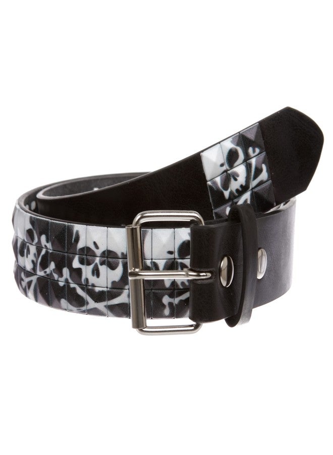 Beltiscool Snap On 1 1/2" Skull & Cross Bone Printed Punk Rock Studded Belt, Black | M - 35" - Image 1