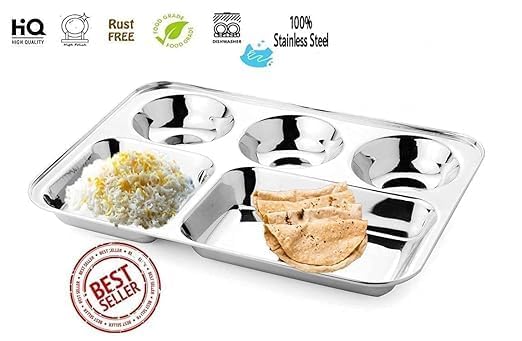 SHIFA CRAFT Stainless Steel Partition Plate 5 in1/Bhojan Thali/Compartment Plate/Steel Thali/Dinner Plate Set of 6 - Image 3
