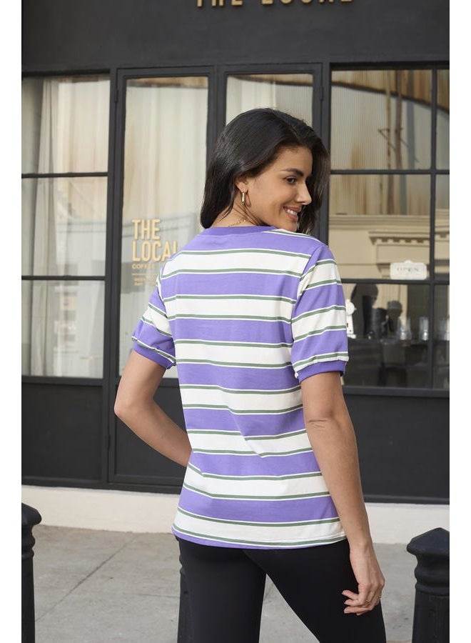 Lafural Womens Tops Cotton Casual Color Block Striped Short Sleeve Shirts Crewneck T Shirts Loose Basic Tee Blouses, Purple, M - Image 3