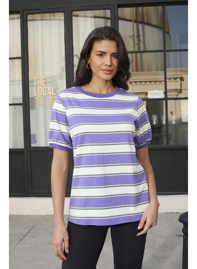 Lafural Womens Tops Cotton Casual Color Block Striped Short Sleeve Shirts Crewneck T Shirts Loose Basic Tee Blouses, Purple, M - Image 2