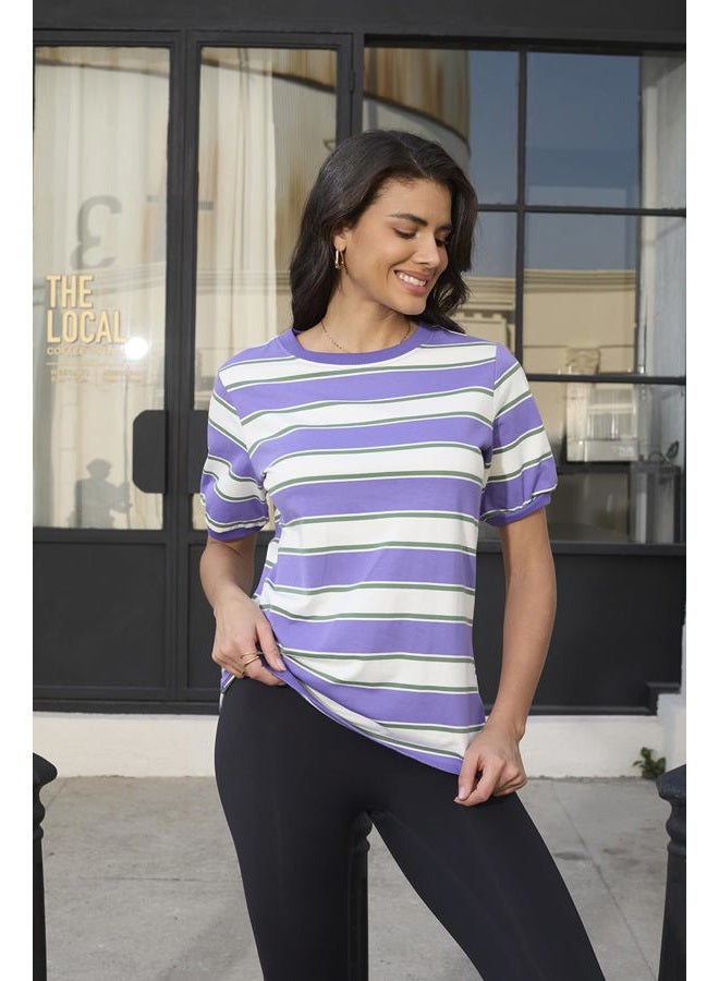 Lafural Womens Tops Cotton Casual Color Block Striped Short Sleeve Shirts Crewneck T Shirts Loose Basic Tee Blouses, Purple, M - Image 5