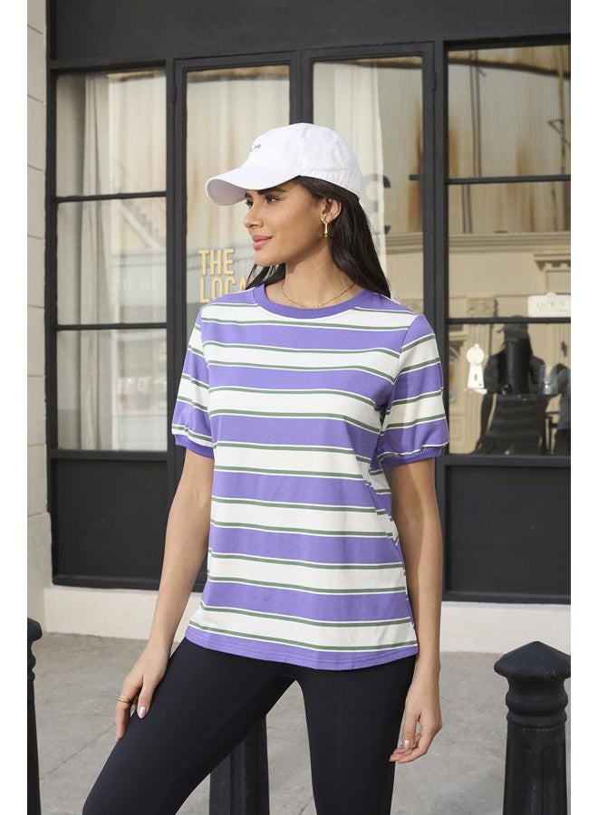 Lafural Womens Tops Cotton Casual Color Block Striped Short Sleeve Shirts Crewneck T Shirts Loose Basic Tee Blouses, Purple, M - Image 4