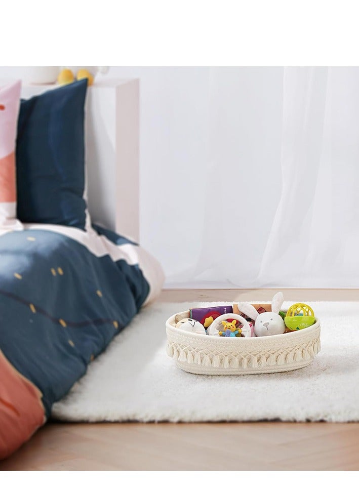 Handmade cotton rope woven tassel storage basket rectangular baby toy storage basket 2-piece set beige/coffee 33*15.2*10.2cm - Image 3