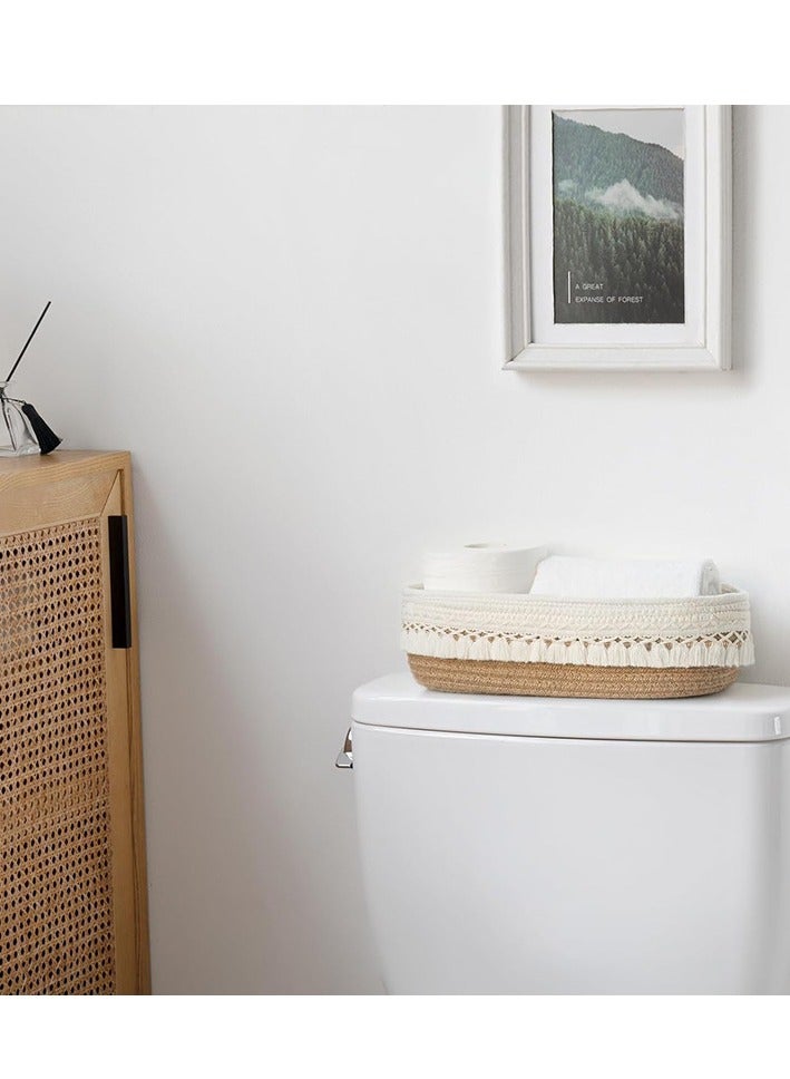 Handmade cotton rope woven tassel storage basket rectangular baby toy storage basket 2-piece set beige/coffee 33*15.2*10.2cm - Image 4