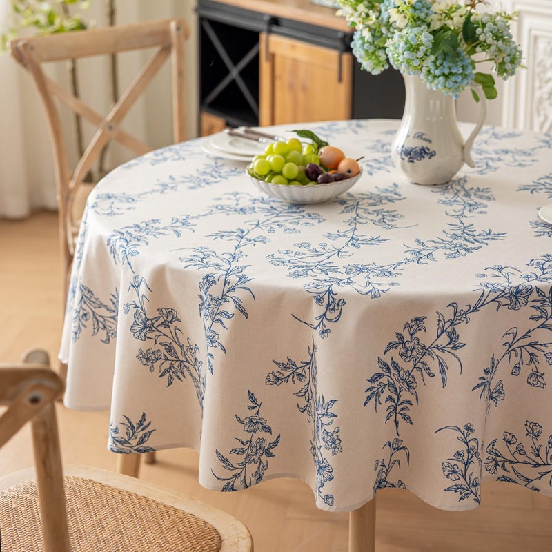 Qidordour Round Tablecloth, 60 inch Diameter, Faux Linen Table Cloth, Water Resistant Spill-Proof Wipeable Polyester Dining Table Cover for Kitchen Cafe Buffet Tabletop Decoration, Vintage Blue Floral - Image 1