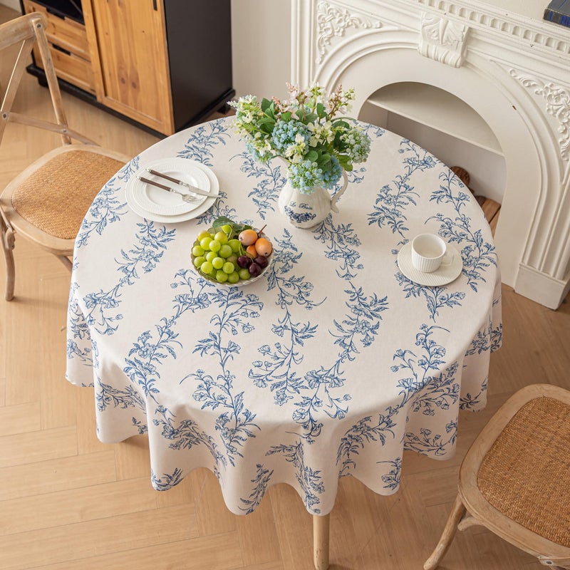 Qidordour Round Tablecloth, 60 inch Diameter, Faux Linen Table Cloth, Water Resistant Spill-Proof Wipeable Polyester Dining Table Cover for Kitchen Cafe Buffet Tabletop Decoration, Vintage Blue Floral - Image 3