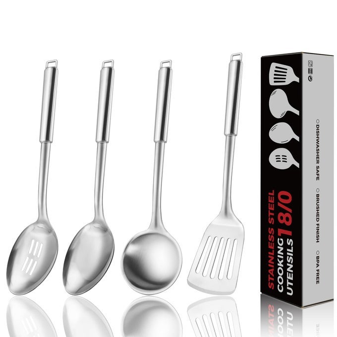 180 STAINLESS STEEL KITCHEN COOKING UTENSIL SET ERGONOMIC HANDLE DISHWASHER SAFE SLOTTED SPOON LADLE TURNER SERVING SPOON FOR HOUSEWARMING DAILY USE COMMERCIAL PACK OF 4