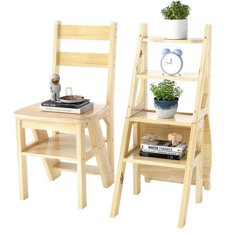 Suuiwau Folding Step Ladder Chair 3-in-1 Wooden Step Stool 4 Tier Foldable Ladder Stool Shelf Display Stand Flower Rack Wood Multifunctional Ladder Stool for Library Home Kitchen, 396lbs Load Capacity - Image 1