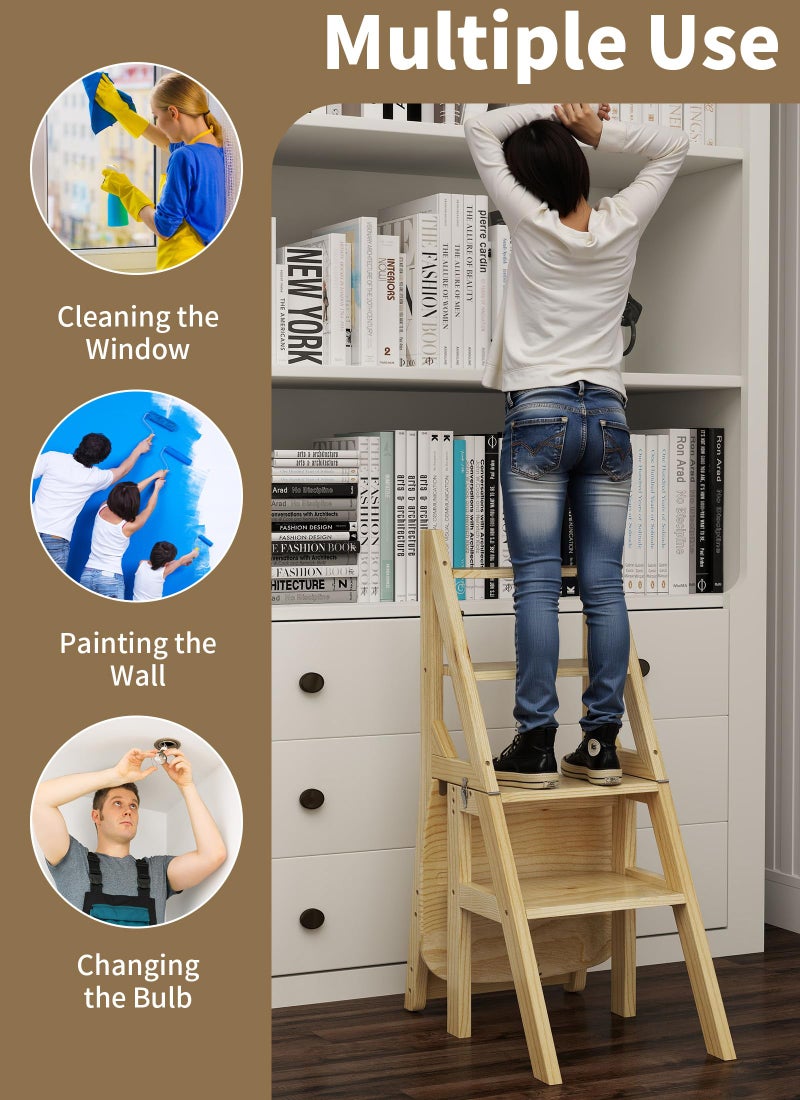 Suuiwau Folding Step Ladder Chair 3-in-1 Wooden Step Stool 4 Tier Foldable Ladder Stool Shelf Display Stand Flower Rack Wood Multifunctional Ladder Stool for Library Home Kitchen, 396lbs Load Capacity - Image 5