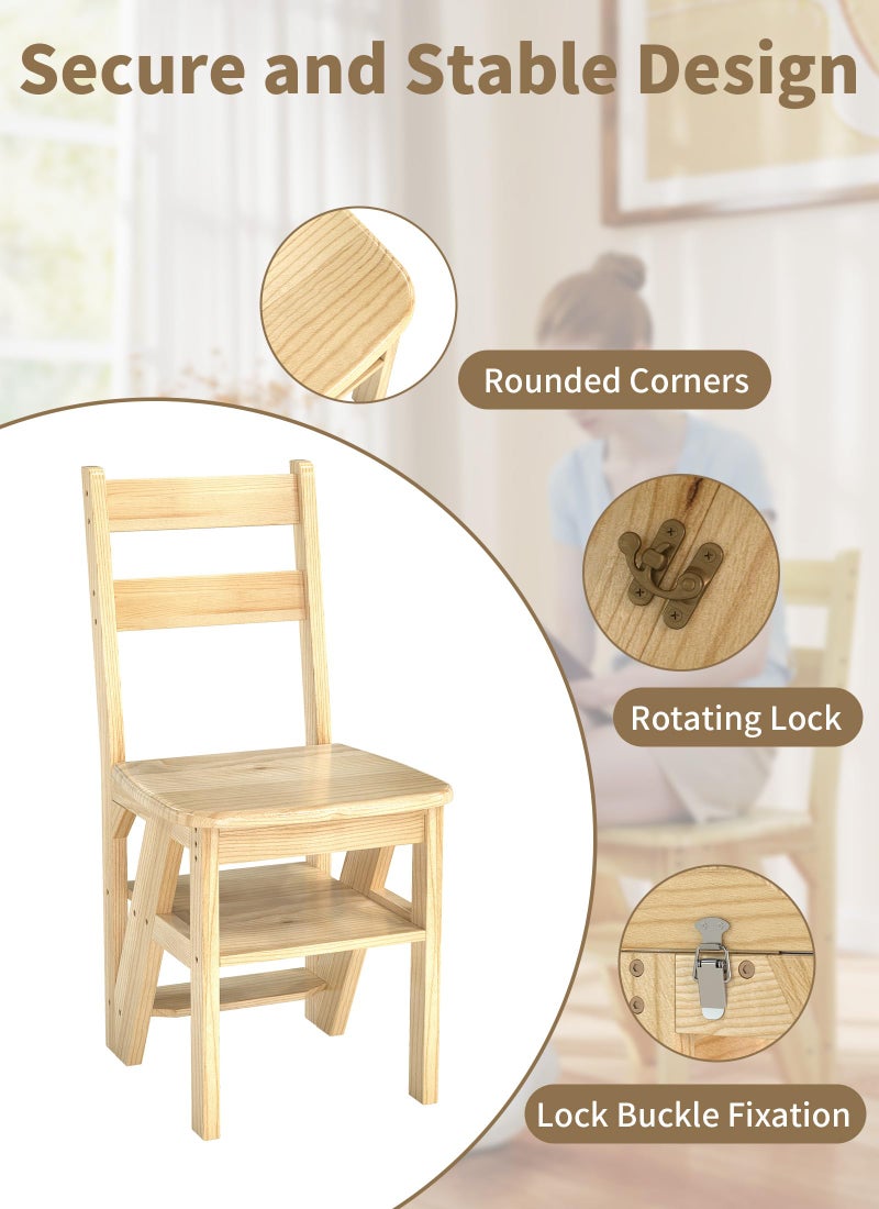 Suuiwau Folding Step Ladder Chair 3-in-1 Wooden Step Stool 4 Tier Foldable Ladder Stool Shelf Display Stand Flower Rack Wood Multifunctional Ladder Stool for Library Home Kitchen, 396lbs Load Capacity - Image 3