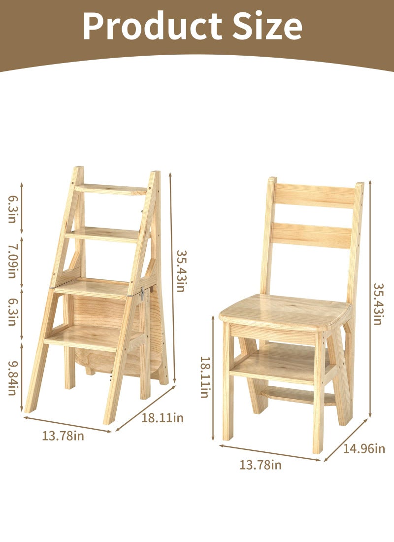 Suuiwau Folding Step Ladder Chair 3-in-1 Wooden Step Stool 4 Tier Foldable Ladder Stool Shelf Display Stand Flower Rack Wood Multifunctional Ladder Stool for Library Home Kitchen, 396lbs Load Capacity - Image 2