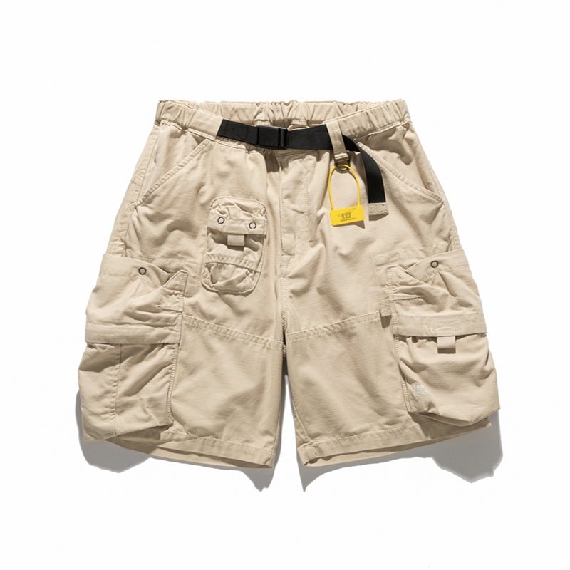 Japanese Vintage Workwear Shorts Youth Summer New Tactical Multi-pocket Loose-fit Straight-leg Five-piece Pants Trendy Creamy-white