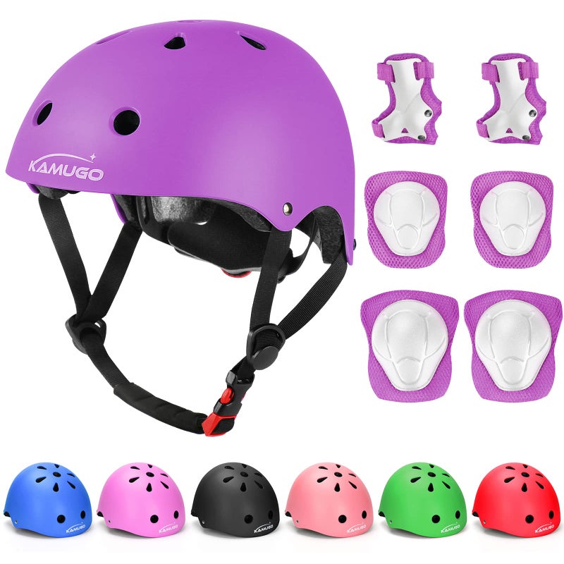KAMUGO Kids Adjustable Helmet, with Sports Protective Gear Set Knee Elbow Wrist Pads for Toddler Age 3-8 Boys Girls, Bike Skateboard Hoverboard Scooter Rollerblading Helmet Set (Purple) - Image 1