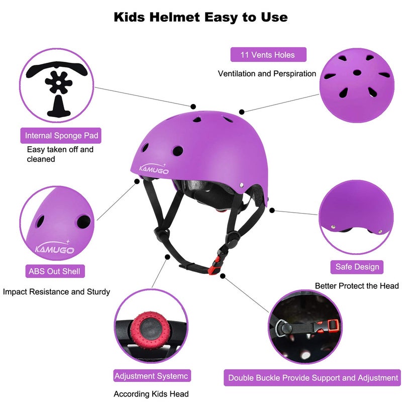 KAMUGO Kids Adjustable Helmet, with Sports Protective Gear Set Knee Elbow Wrist Pads for Toddler Age 3-8 Boys Girls, Bike Skateboard Hoverboard Scooter Rollerblading Helmet Set (Purple) - Image 3