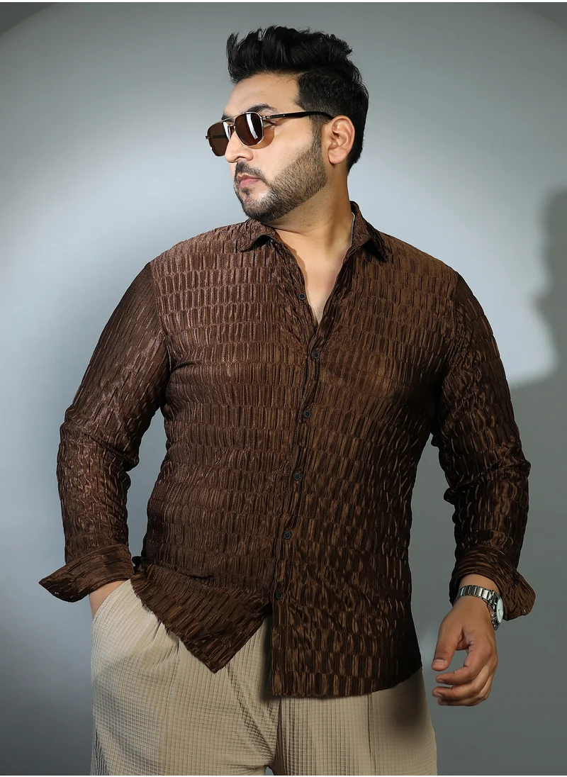 انستافاب بلس Instafab Plus Men's Coffee Brown Ruche-Pleated Shirt For Casual Wear | Spread Collar | Long Cuffed Sleeves | Button Closure | Plus Size Shirt Crafted With Comfort Fit For Everyday Wear