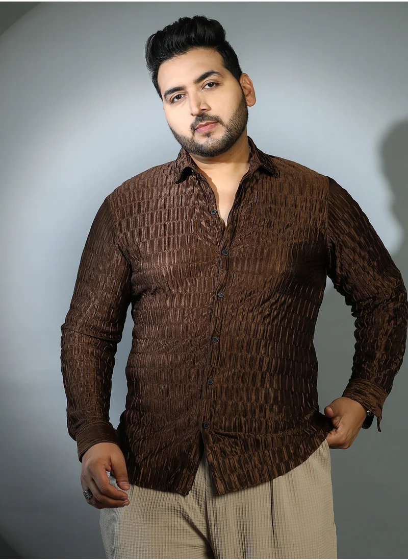 انستافاب بلس Instafab Plus Men's Coffee Brown Ruche-Pleated Shirt For Casual Wear | Spread Collar | Long Cuffed Sleeves | Button Closure | Plus Size Shirt Crafted With Comfort Fit For Everyday Wear