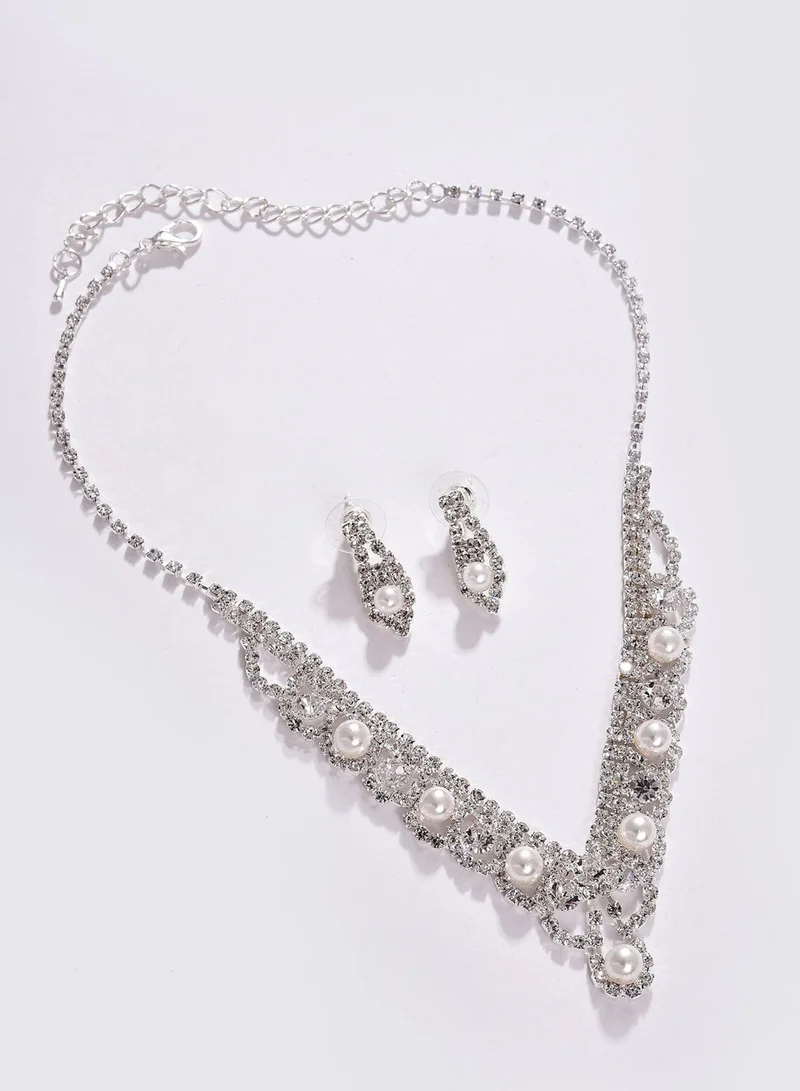 SOHI Pack of 3 Silver Plated American Diamond Necklace and Earring Set