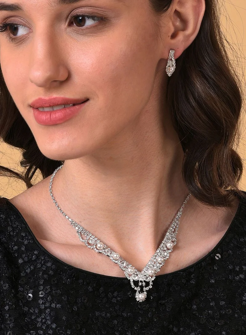 SOHI Pack of 3 Silver Plated American Diamond Necklace and Earring Set