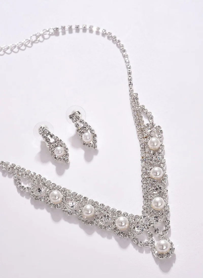 SOHI Pack of 3 Silver Plated American Diamond Necklace and Earring Set