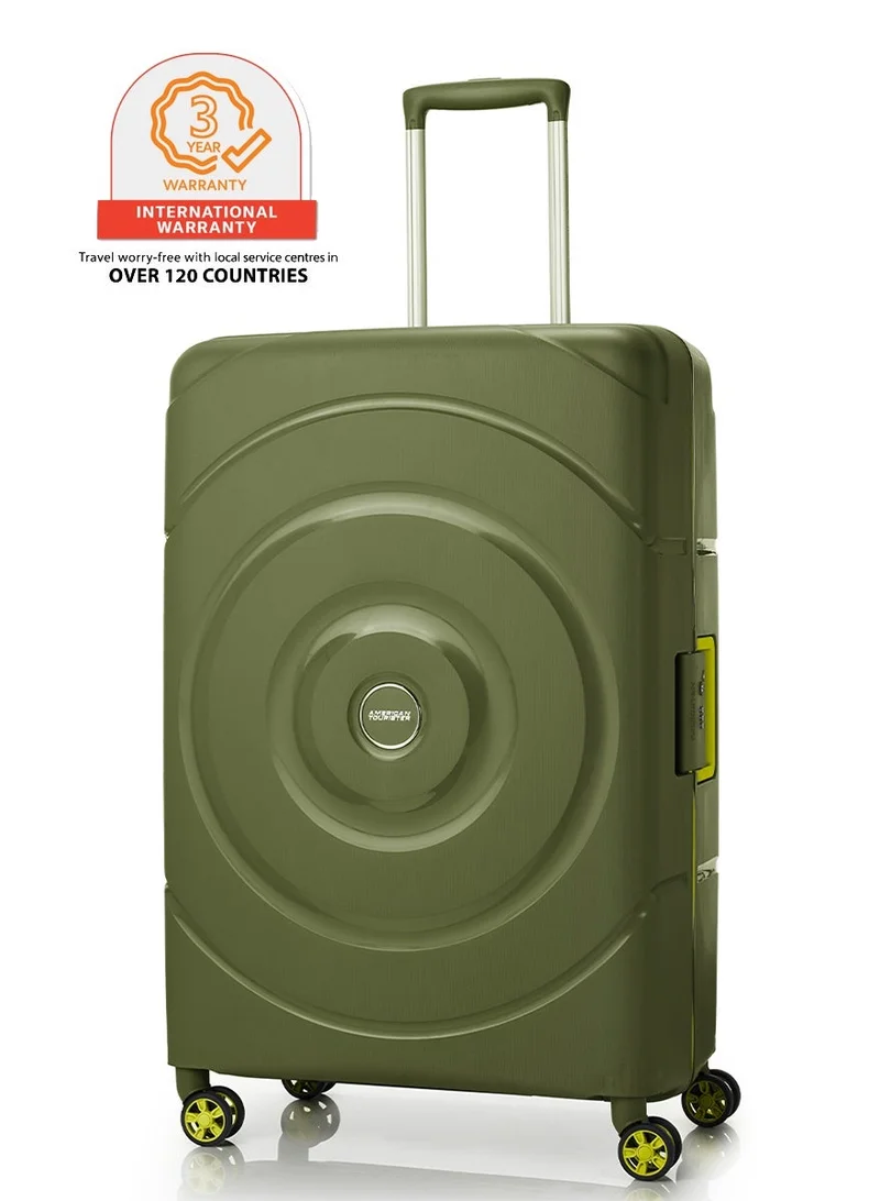 AMERICAN TOURISTER Circurity Suitcase, Check-In Size 77 cm / 28 inch, 4 Spinner Wheels, Hard Top, Polypropylene, Olive|Scratch & Impact Resistant Material|Lightweight|XtraSecu™ 3 Point Locking System|TSA Lock - 3 Years International Warranty
