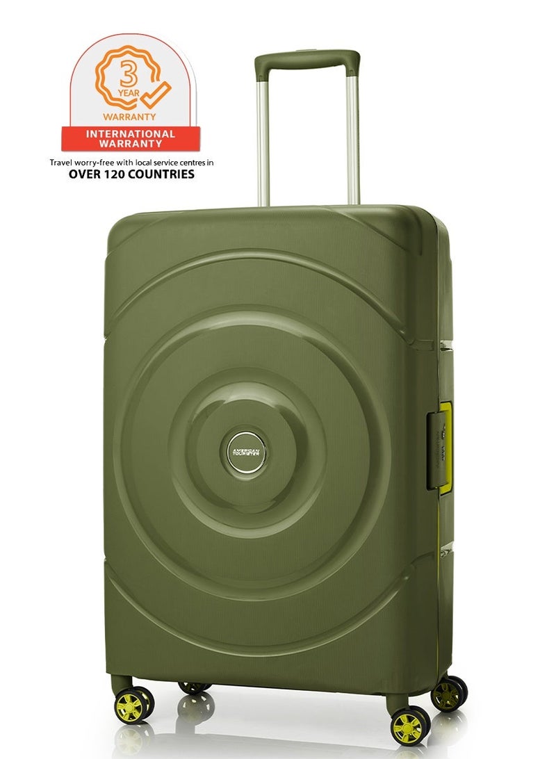 AMERICAN TOURISTER Circurity Suitcase, Check-In Size 77 cm / 28 inch, 4 Spinner Wheels, Hard Top, Polypropylene, Olive|Scratch & Impact Resistant Material|Lightweight|XtraSecu™ 3 Point Locking System|TSA Lock - 3 Years International Warranty - Image 1