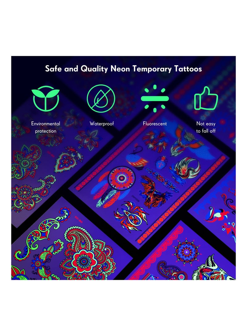 12 Sheets of Waterproof Neon Temporary Tattoos - UV Blacklight Floral and Butterfly Designs for Women, Perfect for Parties and Events. - Image 2