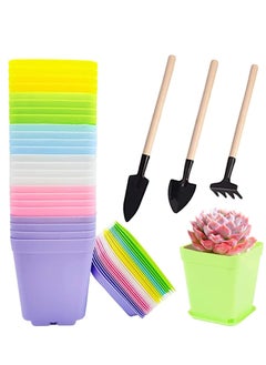 SYOSI Plastic Plant Pots Seedling Nursery with Saucers and 3 Mini Garden Tools Succulent Planter Container for Room Office Balcony Decor Multicolor 24 Pack 3 Inch  - Image 1