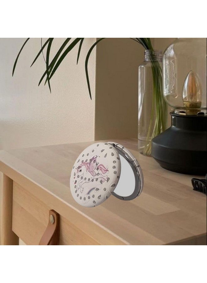 Portable Foldable Round Pink Unicon Designer Mirrors with 2x1 Magnifying Glass, Studded, for Self Grooming, Makeup, Carry in Purses, Handbags, Gift Item - Image 2