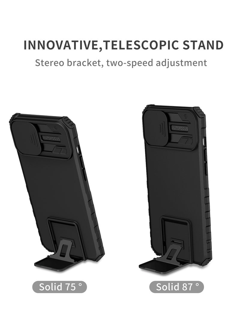 Case Cover For Apple iPhone 16 5G , Innovative Telescopic Bracket, Sliding Protection Camera Window, Slim Thin PC&TPU Shockproof Mobile Phone Case Black - Image 2