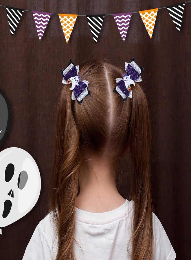 LSVOZ Halloween Ghost Hair Bow Clips Girls Cute Glitter Hair Clips 3 Layers Sparkly Hair Accessories for Halloween Party, Black & White & Purple - Image 2