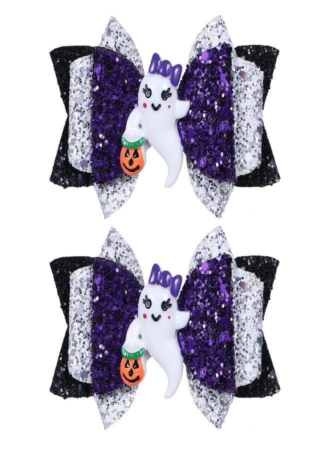 LSVOZ Halloween Ghost Hair Bow Clips Girls Cute Glitter Hair Clips 3 Layers Sparkly Hair Accessories for Halloween Party, Black & White & Purple - Image 1