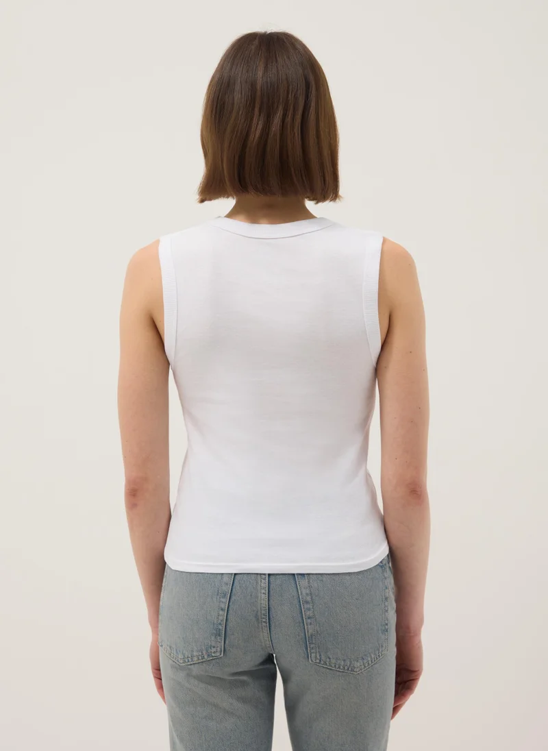 او في اس OVS White Pure Cotton V-Neck Regular Fit Tank Top