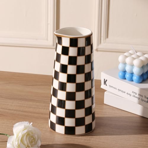 Porlien Checker Porcelain Flower Vase Home Decor Set of 2 with 5.5' High and 8' High Flower Bottle - Image 5