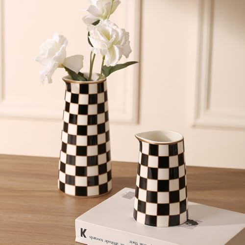 Porlien Checker Porcelain Flower Vase Home Decor Set of 2 with 5.5' High and 8' High Flower Bottle - Image 4