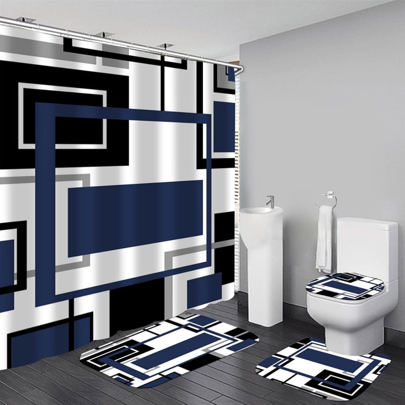 Yddsky 4 Pcs Blue Geometric Shower Curtain Sets with Rugs Blue Bathroom Sets with Shower Curtain and Rugs Modern Bathroom Curtains Shower Set with Toilet Lid Cover for Bathroom Decor Accessories - Image 1