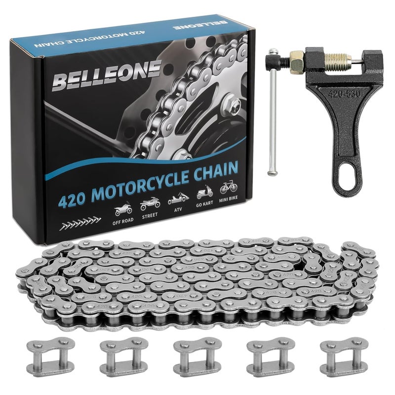 Belleone 420 Roller Chain 120 Links with 5 Free Connecting Links and Chain Breaker, Drive Chain Compatible with 50cc 70cc 90cc, for Mini Bike, Go-Kart, Scooter, Motorcycle, ATV and Other Machinery - Image 1