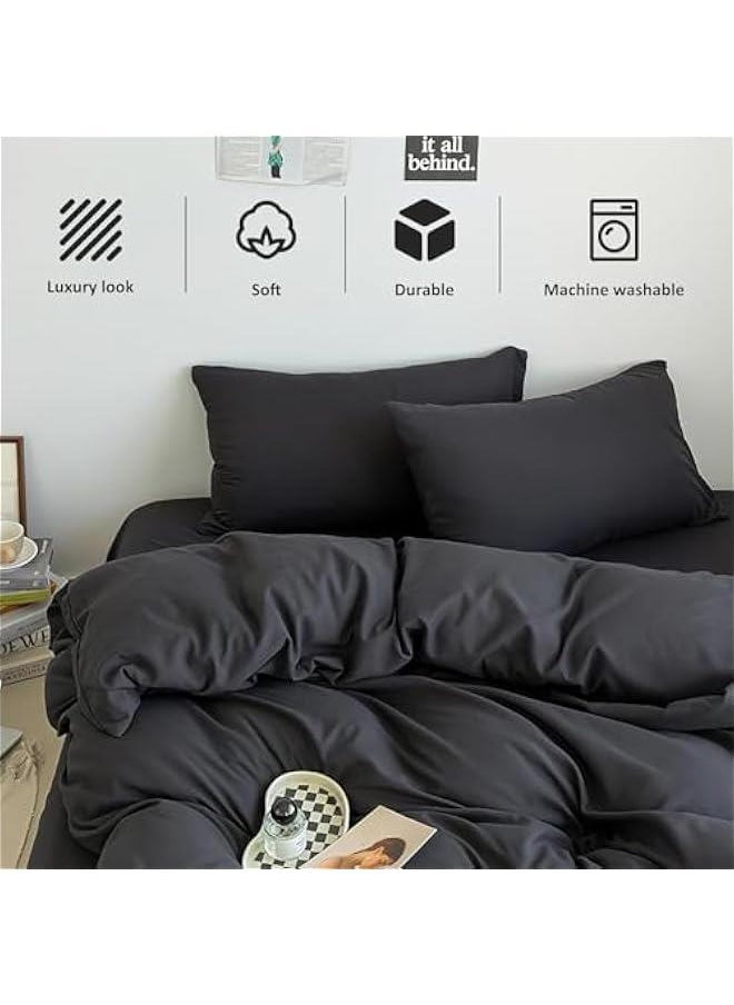 HOOKOR Cotton Duvet Cover Set, 4 Pieces Soft Brushed Microfiber Comforter Cover with Zipper Closure, Include 1 Duvet Cover 1 Flat Sheet and 2 Pillowcase (Black, 200x230cm)  - Image 2