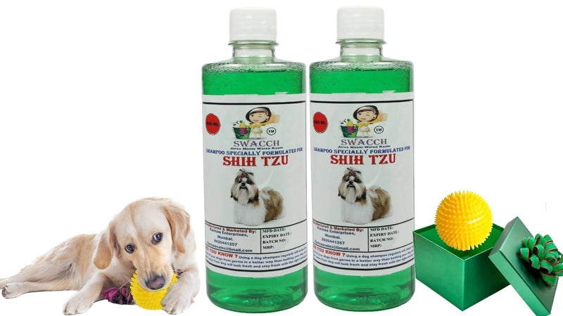 swacch Shampoo | Puppy Safe Shampoo | PH Balanced | Ditch to Itch for Shih Tzu Dog Shampoo 500ml Pack of 2 (Neem Alovera) + Spike Ball Chew Toy Combo Pack - Image 1