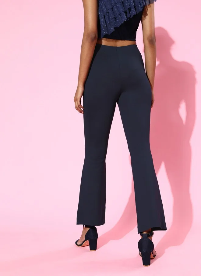 SASSAFRAS Navy Blue High-Rise Flare Trousers for Women