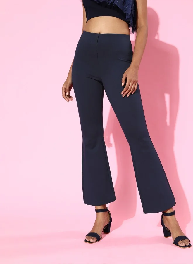 SASSAFRAS Navy Blue High-Rise Flare Trousers for Women