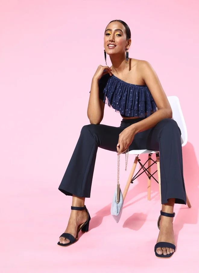 SASSAFRAS Navy Blue High-Rise Flare Trousers for Women