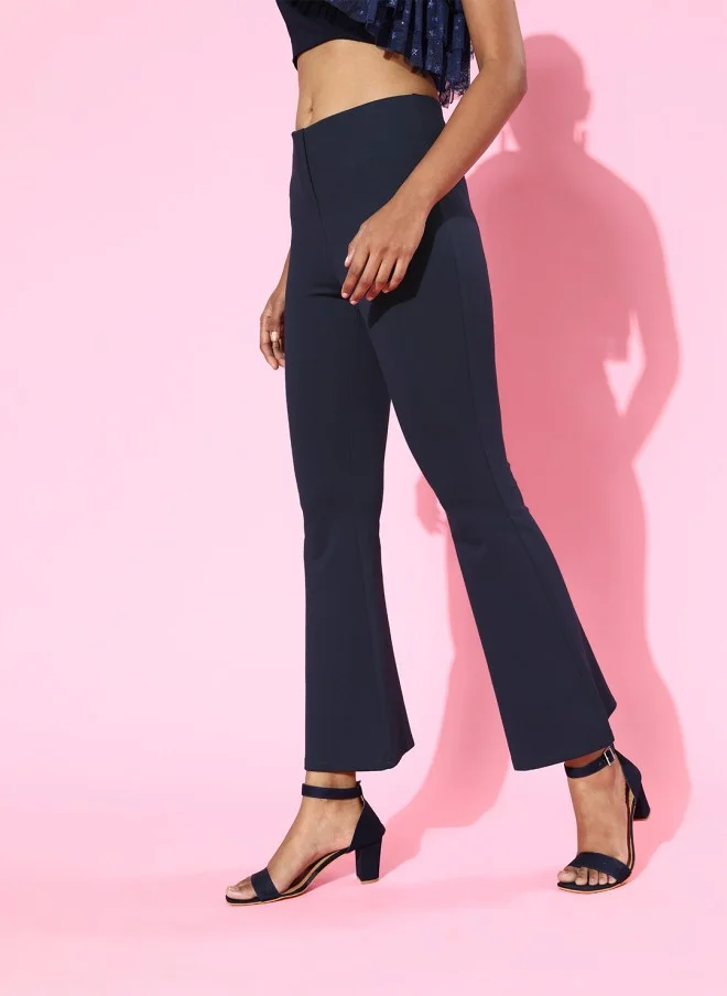 SASSAFRAS Navy Blue High-Rise Flare Trousers for Women