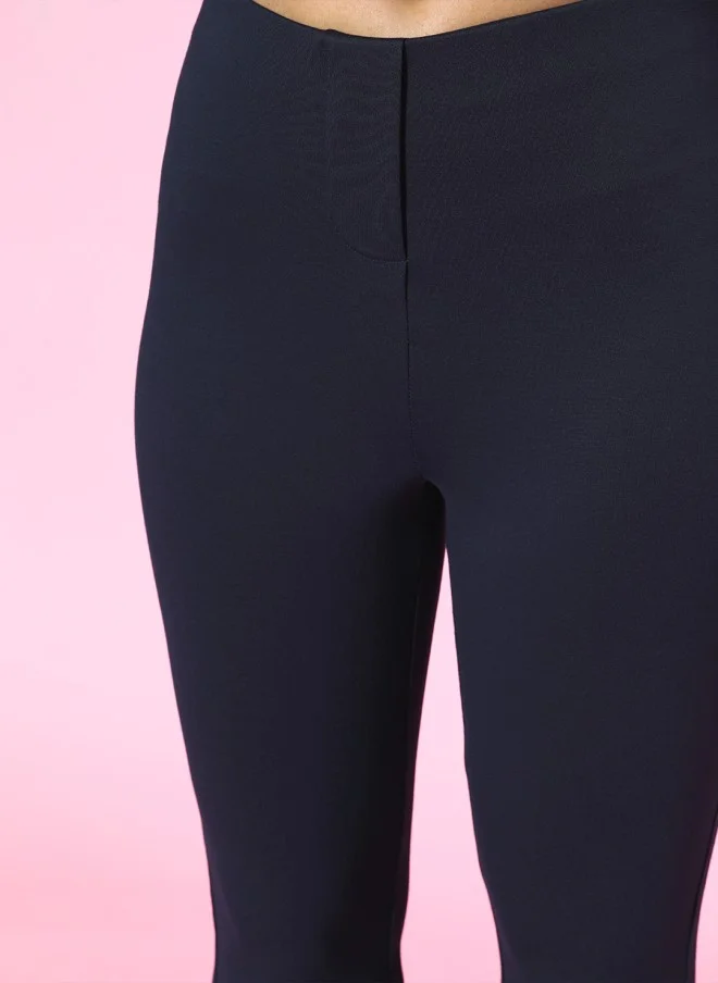 SASSAFRAS Navy Blue High-Rise Flare Trousers for Women