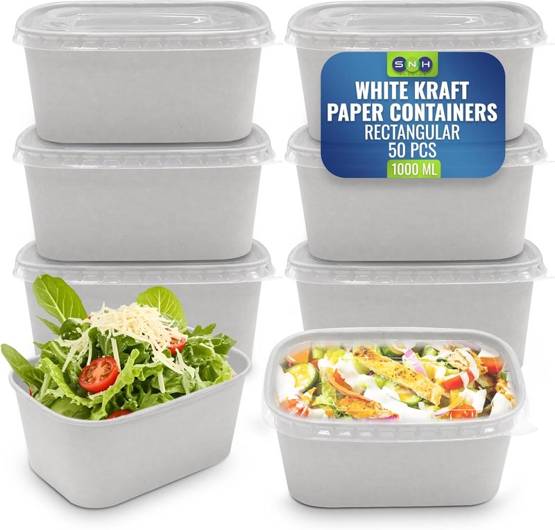 SNH Packing White 50-Pack Rectangular Kraft Paper 1000 ml Disposable Meal Boxes with Lids - Heavy-Duty, Microwave-Safe, Leak-Resistant Takeaway Containers for Hot & Cold Food, Meal Prep, BBQ, Salads - Image 1