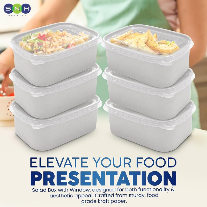 SNH Packing White 50-Pack Rectangular Kraft Paper 1000 ml Disposable Meal Boxes with Lids - Heavy-Duty, Microwave-Safe, Leak-Resistant Takeaway Containers for Hot & Cold Food, Meal Prep, BBQ, Salads - Image 4