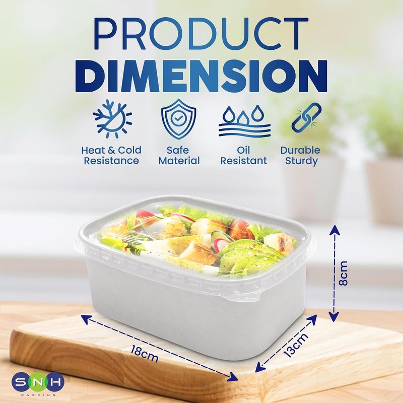 SNH Packing White 50-Pack Rectangular Kraft Paper 1000 ml Disposable Meal Boxes with Lids - Heavy-Duty, Microwave-Safe, Leak-Resistant Takeaway Containers for Hot & Cold Food, Meal Prep, BBQ, Salads - Image 2