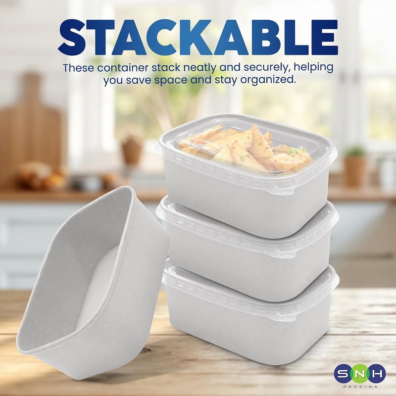 SNH Packing White 50-Pack Rectangular Kraft Paper 1000 ml Disposable Meal Boxes with Lids - Heavy-Duty, Microwave-Safe, Leak-Resistant Takeaway Containers for Hot & Cold Food, Meal Prep, BBQ, Salads - Image 5